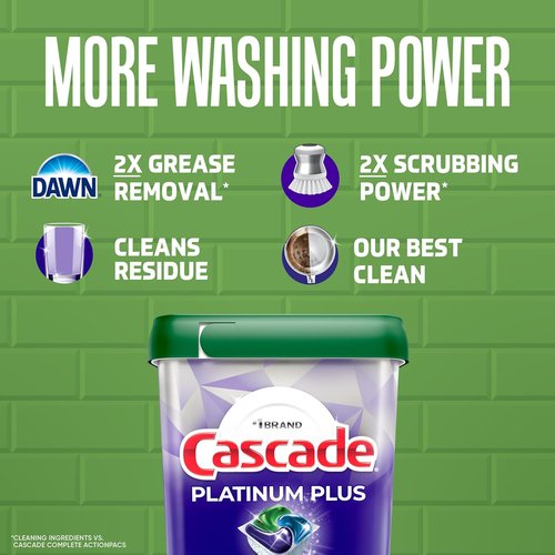 Cascade Platinum Plus Dishwasher Pods - Powerful Dish Detergent Soap with Clean Lemon Scent | 62 Count