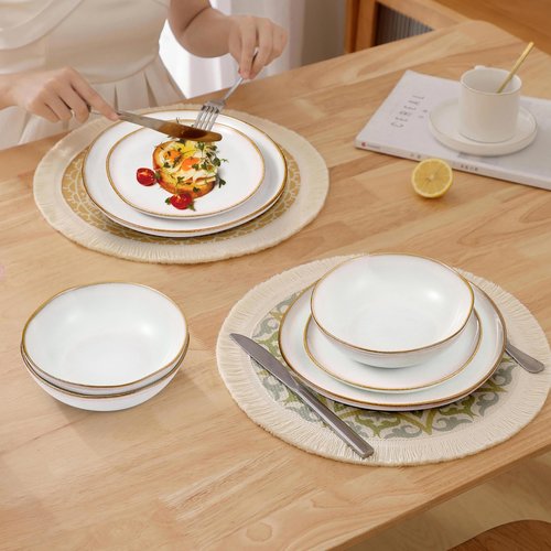 Herogo Stoneware Dinnerware Sets, 12 Piece Dinner Dishes Set for 4, Ceramic Plates and Bowls Dishware, Tableware Includes Dinner Salad Plates, Soup Bowls, Microwave & Dishwasher Safe, Pearl White