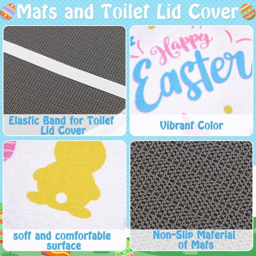 Tieshankao 7Pcs Easter Shower Curtain Bathroom Set - Bunny Non Slip Rugs Toilet Lid Cover Bath Mat Towels Decor with 12 Hooks