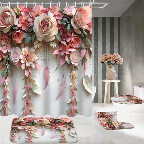 DDQQ Pink Flower Bathroom Shower Curtain Set, Romantic and Cute Rose Floral Polyester Bathroom Decor Set with Shower Curtain and Rugs and Accessories