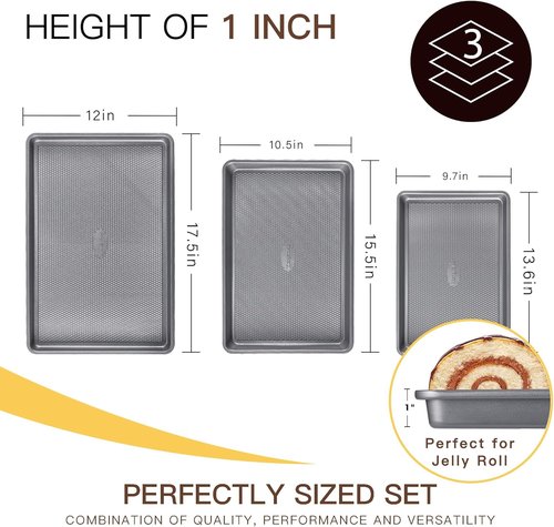 HONGBAKE Nonstick Ceramic Baking Sheet Pan Set - 3 Pack Half/Quarter/Jelly Roll Pans, Charcoal Gray