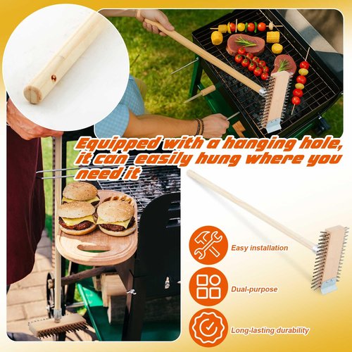 Kritkin 2 Pcs Stainless Steel Grill Brushes, Grill Scraper with 30'' Long Wooden Handle Commercial Oven Charbroiler Cleaning Brush for Outdoor Kitchens BBQ Restaurants
