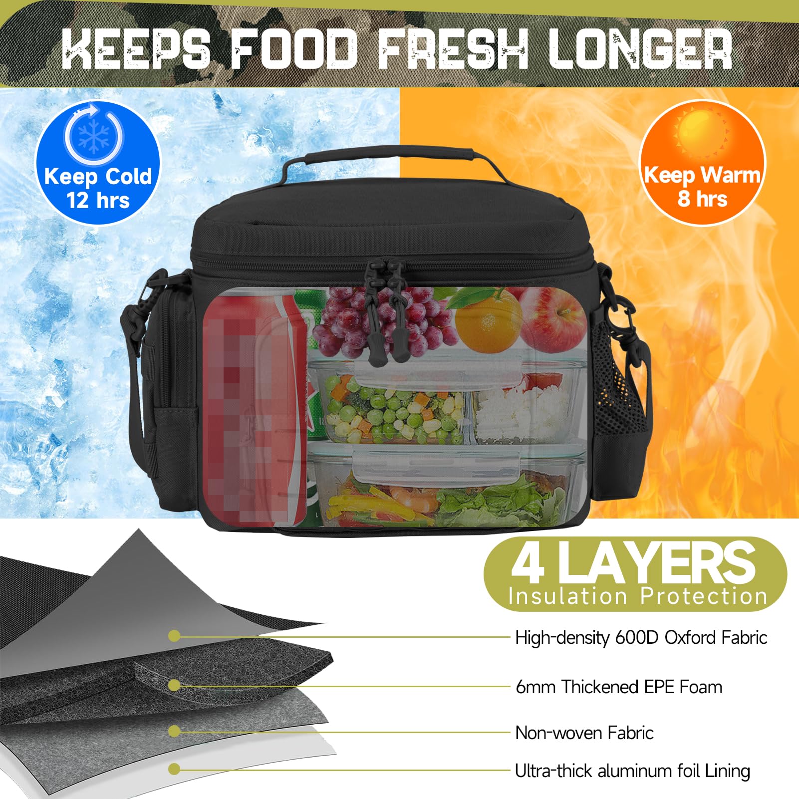 QT&QY Tactical Lunch Box for Men Expandable 18L Heavy Duty Military Insulated Cooler Bag, Leakproof Thermal Lunch Bag for Work Camping Outdoor Picnic Pail Adult Meal MOLLE Webbing Khaki