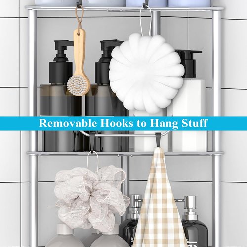 HuggieGems 4-Tier Corner Shower Caddy Organizer - Silver Bathroom Shelf Stand with Hooks