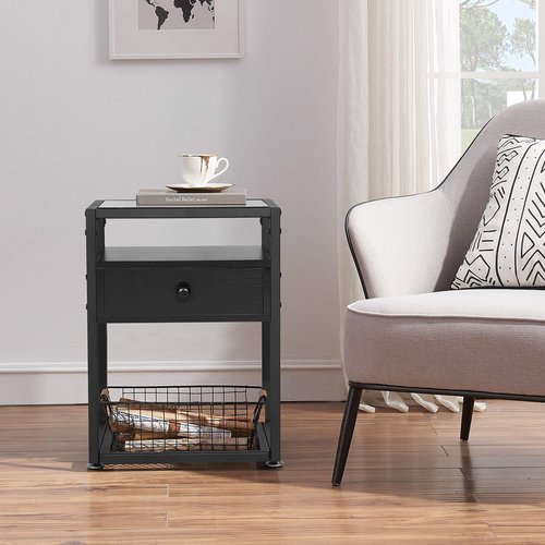 VECELO C Shaped End Side Table for Sofa Couch for Living Room Bedroom，Dark Black