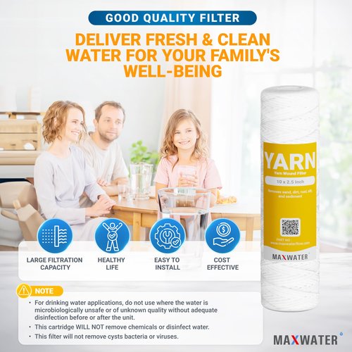 Max Water 5 Micron 10 x 2.5 String Wound Sediment Water Filter Cartridge Replacement for Whole House water filter system and RO System, Compatible with Well Water Filter WFPFC4002, WHKF-WHSW (25 Pack)