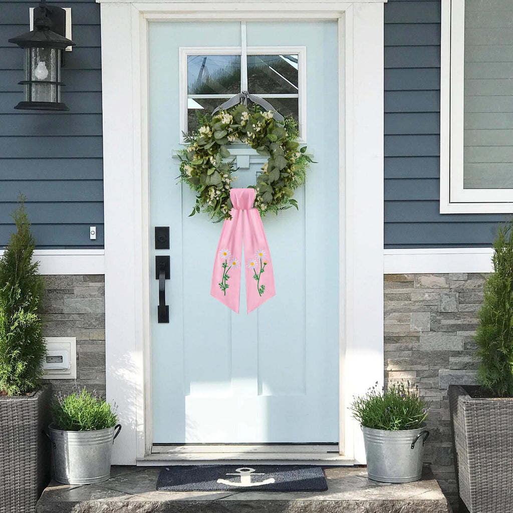 Regine Switzerland 2-Pack Daisy Floral Wreath Sash - Embroidered Spring Ribbon Decor for Front Door (Pink)