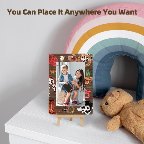 OXRUN Wild Western 4x6 Picture Frame, Cowboy Wooden Photo Frame with Easel, Display Photo Insert, Newborn Gifts, Nursery Decor - A08