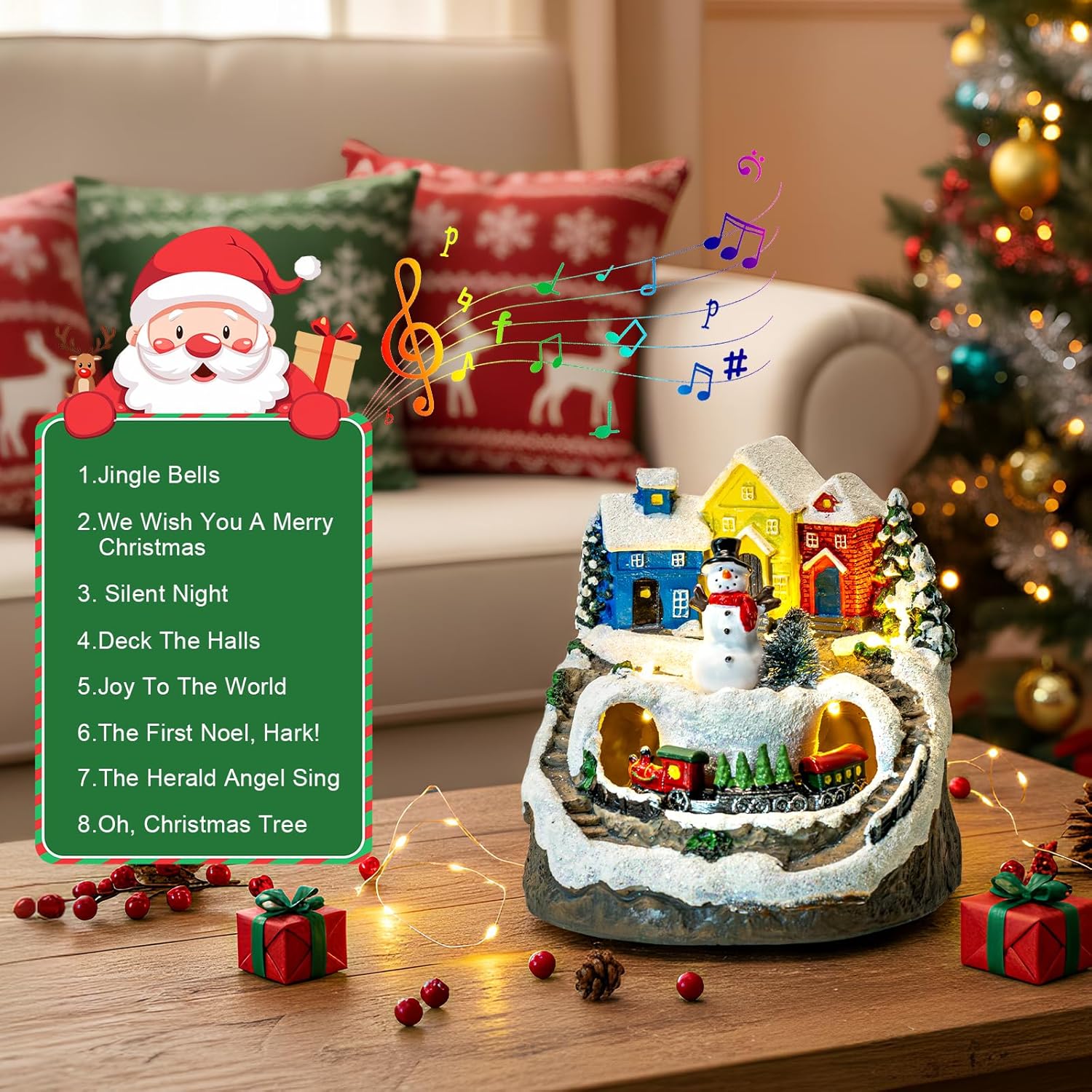 ZQQLITE Animated Musical Christmas Snowman Village - Lighted Figurines with Rotating Train for Festive Home Decor