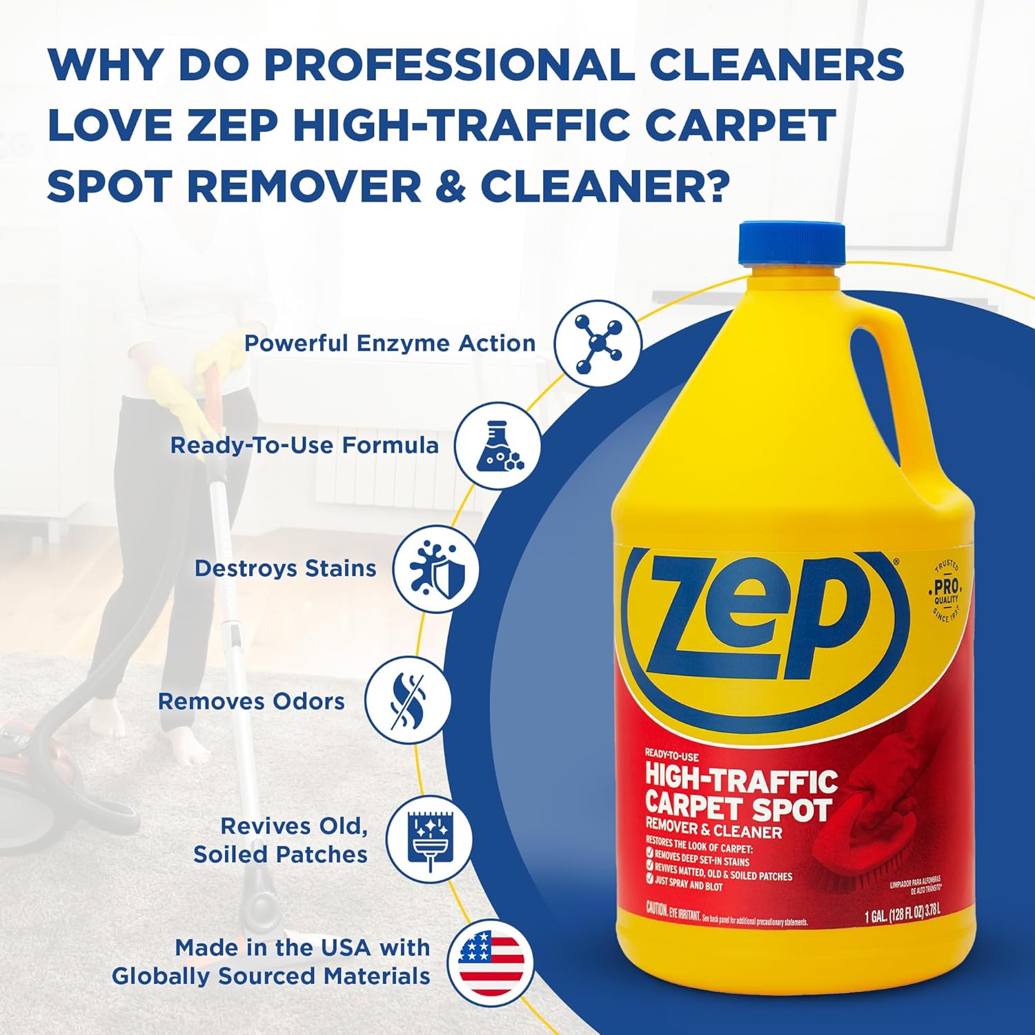 Zep High Traffic Carpet Cleaner - Deep Stain Removal Formula - 1 Gallon for Revitalizing Carpets