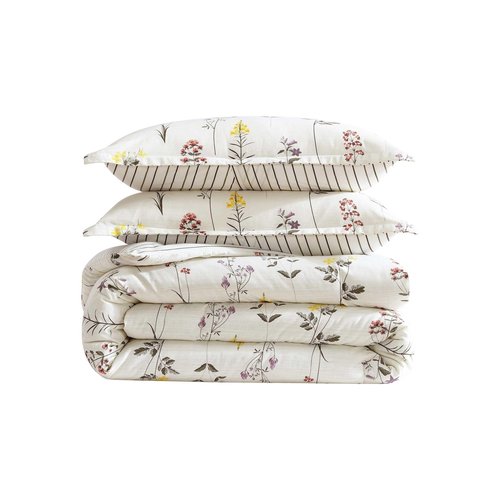 Eddie Bauer - Twin Comforter Set, Super Soft Reversible Bedding with Matching Sham, Floral & Pinstripe Design (Wildflower Beige, Twin)