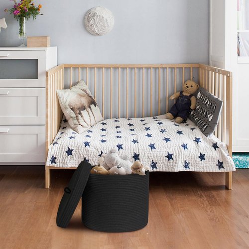 HONCESTA Storage Basket with Lid, 15” x 13” Lidded Blanket Basket Living Room, Black Woven Baskets for Storage, Nursery Kids Cotton Rope Toy Bin Box with Cover, Wicker Laundry Basket Pillow Holder