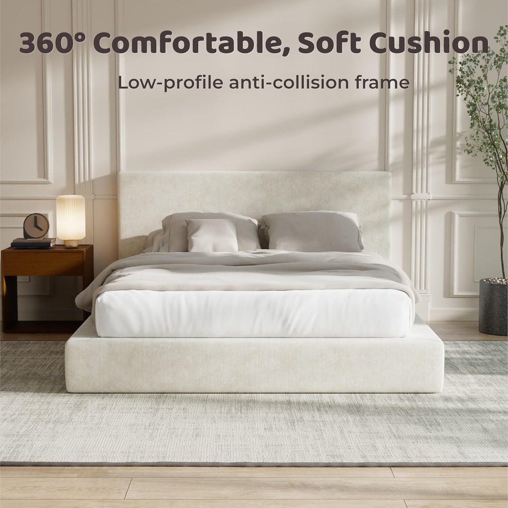 Recci AirFrame Queen Bed Frame - Cloud Upholstered Platform with Cushioned Headboard | Easy Assembly, Beige Chenille
