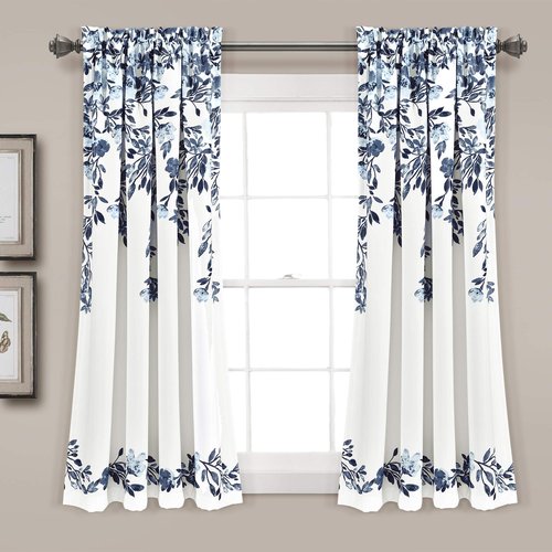 Lush Decor Tanisha Curtains - Light Filtering Window Panel Set, Pair - Floral Vine Print, Beautiful, Modern, Elegant Home Decor - 52" W x 63" L, Navy & White