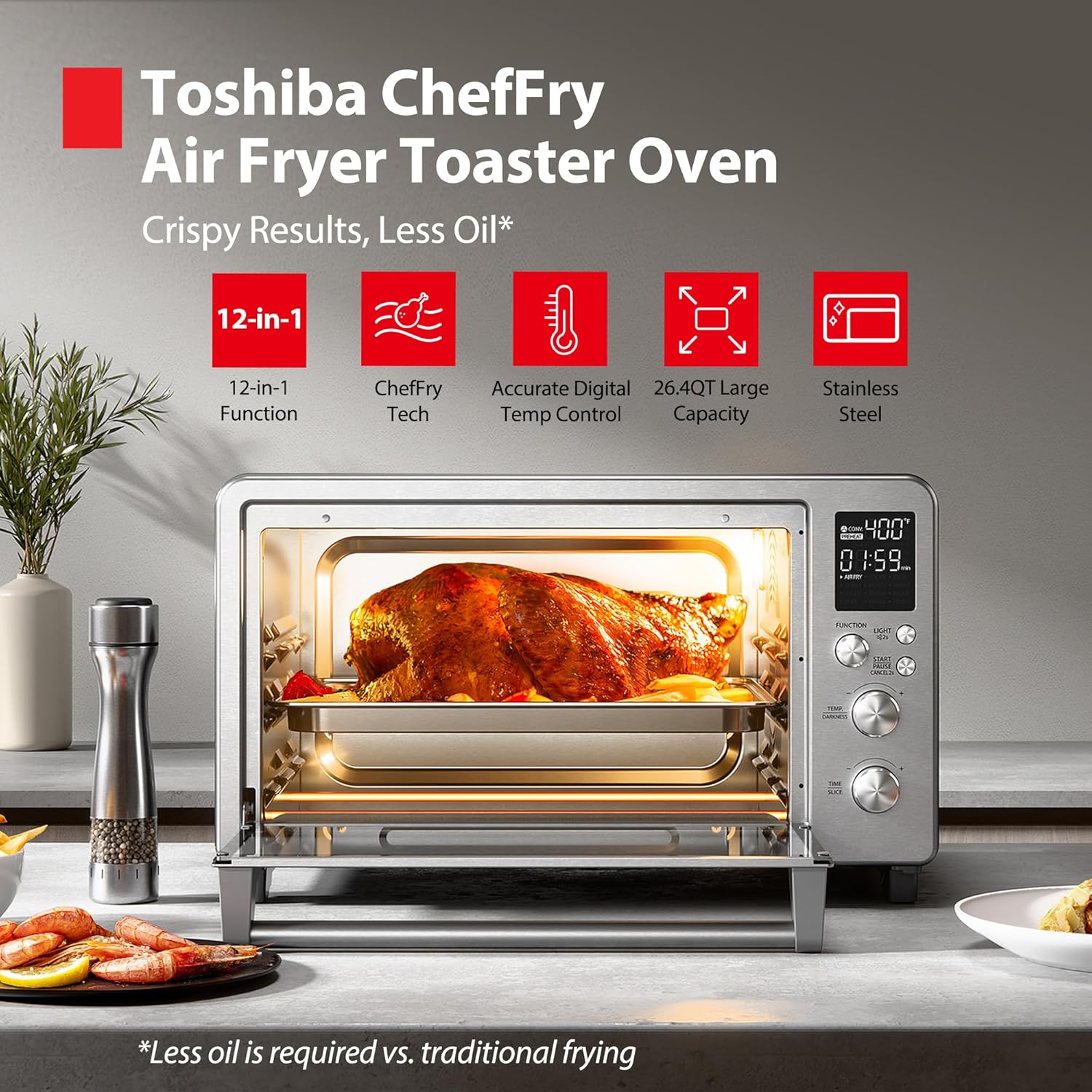 TOSHIBA ChefFry Air Fryer Toaster Oven - 26.4-Quart Stainless Steel Combo with Toast, Bake & Broil