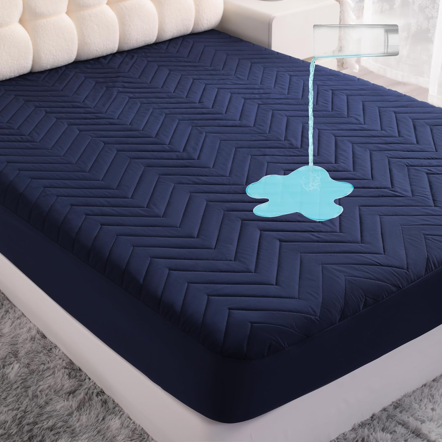 NTBAY Waterproof Mattress Protector - Quilted Twin Fitted Cover with 15" Deep Pocket | Soft, Breathable, Navy Blue