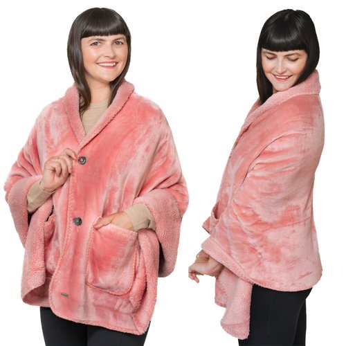 EzrAllora Premium Double Layer Wearable Blanket for Women -No Sleeves- Shawl with Pockets- Wrap Blanket- Gifts for Grandma (Powder Pink)