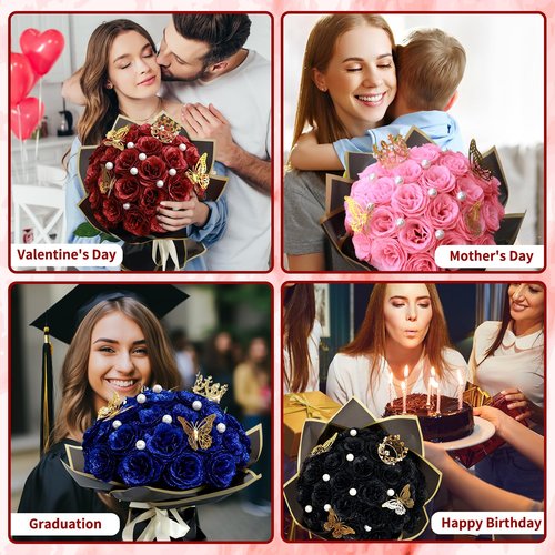 jabeick Glitter Roses Bouquet, Shiny Artificial Roses Flowers with Stems DIY Fake Glitter Flowers Bouquet for Valentines Mothers Day Graduation Birthday Anniversary, 24 Roses (Pink)