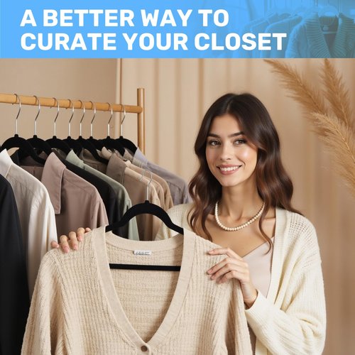 Simple Deluxe Velvet Hangers 50 Pack, Heavy Duty Non-Slip Suit Hangers with Shoulder Notches and 360° Swivel Hooks, Black