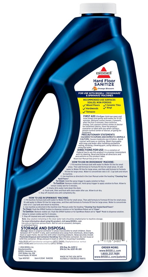 Bissell Hard Floor Sanitize Formula, 25041, 64 Fl Oz CrossWave & Spinwave, Use on Sealed Hard Floors, Orange Bloosom