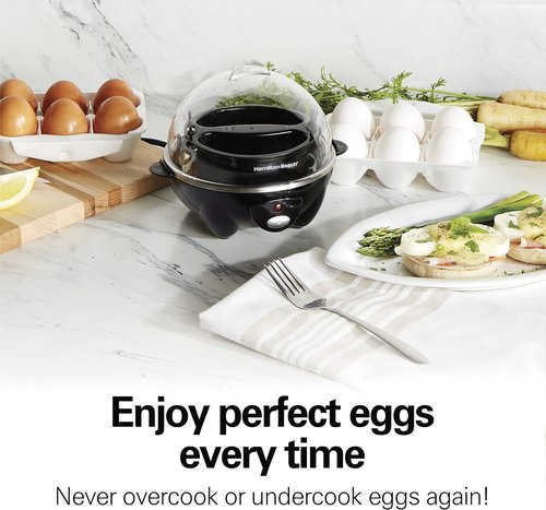Hamilton Beach 3-in-1 Electric Egg Cooker - Hard Boiled, Poached & Omelet Maker, 7 Egg Capacity, Black