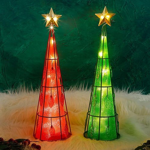 Juegoal Lighted Christmas Table Decorations - Battery Operated Cone Shaped LED Ornaments | 2 Pack, Green & Red