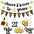 Black Gold 21st Birthday Decorations for Him Men, Glitter Pre-Strung Cheers to 21 Years Banner Hello 21 Hanging Swirls Paper Triangle Flag Banner Decorations Bday Party Supplies Kit