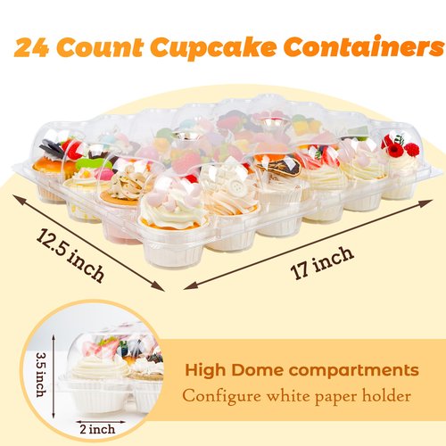 LOKQING 24 Count Cupcake Containers 10 Pack Cupcake Holders Plastic Clear Disposable Cupcake Containers with Detachable Tall Dome Lids and 360 Liners for 240 Cupcakes, BPA Free, Standard Size