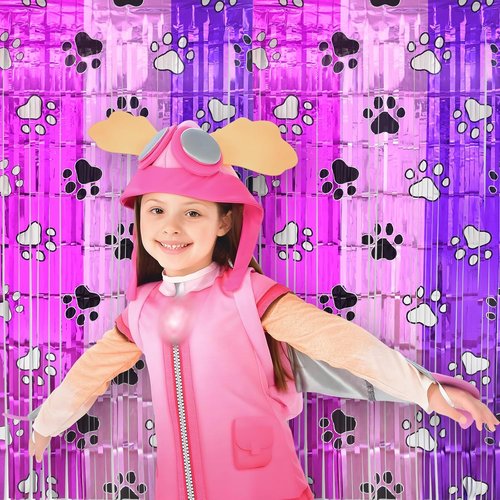 Bupelo Pink Paw Birthday Decorations - 2 Pack Tinsel Foil Fringe Curtains | Dog Party Backdrop 3.3 x 6.6ft