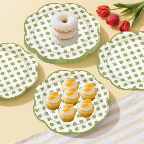 50Pcs Sage Green Gingham Paper Plates 7Inch, Green and White Scalloped Plates Disposable Cake Dessert Dinner Plate for Baby Shower Wedding Birthday Party Decorative Supplies (7 Inch)