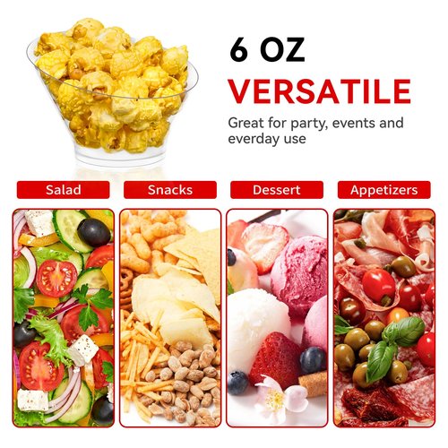 Soelomu 6 oz Plastic Serving Bowls, 20 Pack Small Angled Snack Bowls Clear Party Buffet Appetizer Containers for Desserts, Ice Cream, Salads, Chips, Popcorn