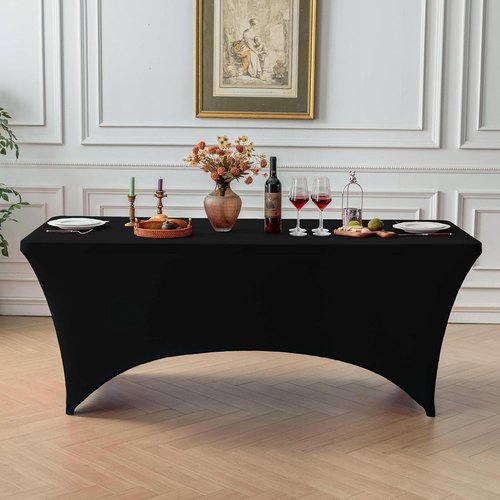 FOLINS&HOME Black 4ft Fitted Rectangle Tablecloth - Water-Resistant Spandex Cover for Events