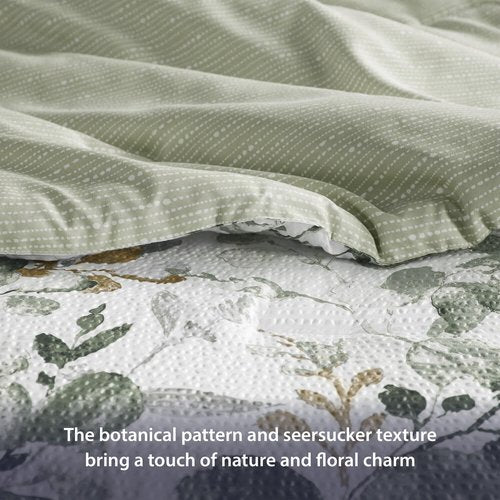 Regency Heights Lightweight Seersucker Botanical Comforter Set King Size, 3 Pieces Reversible Design with Striped Print, Premium Microfiber Bedding Set, Comforter and Sham Set, Green