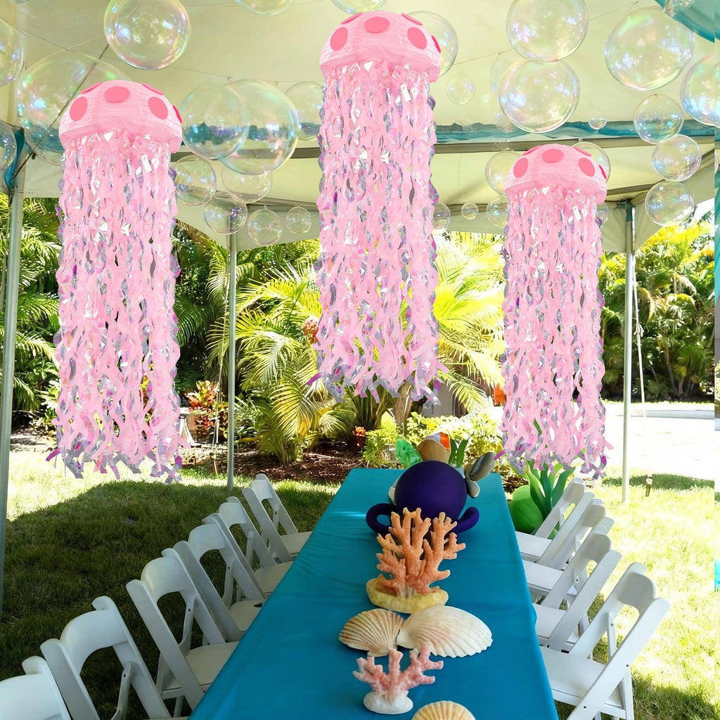 VioraWhite 37 Pcs Cartoon Sponge Mermaid Birthday Party Decorations 6 Pcs 9.8'' Hanging Jellyfish Paper Lanterns with Bubble Garlands Flower Crepe Paper for Mermaid Ocean Under The Sea Birthday Decor