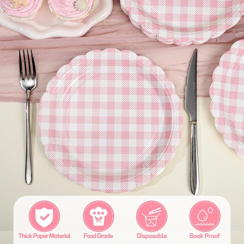 NatNarr 30 Pcs Pink Gingham Plates, 9 Inch Valentines Plates Scalloped Plaid Dessert Dinner Party Plates Pink and White Gingham Party Supplies for Girls Baby Shower, Wedding, Birthday