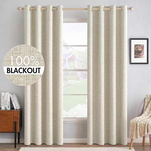 MIULEE 100% Blackout Linen Textured Curtains - Thermal Insulated Room Darkening Drapes | Cream, 52 x 96 Inch (2 Panels)