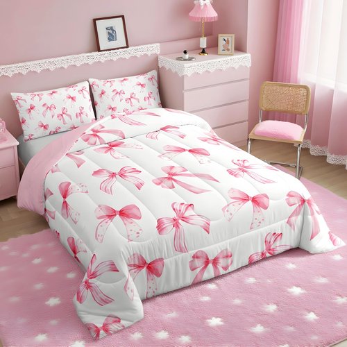 Feelyou Kawaii Pink Bow Bedding Set for Kids Boys Girls Twin Size Cute Dreamy Princess Style Comforter Set Ultra Soft Bow Pattern Comforter Cute Coquette Bow Knot Duvet Quilt Bedroom Decor Quilt