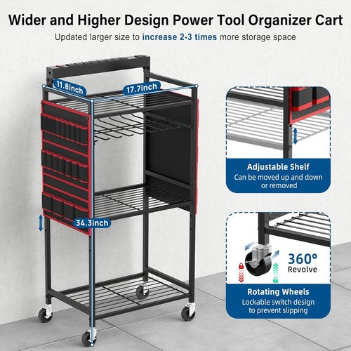 JUNNUJ Power Tool Organizer Cart - Heavy-Duty Rolling Storage with 8 Outlets & 3 USB Ports | Large Utility Rack