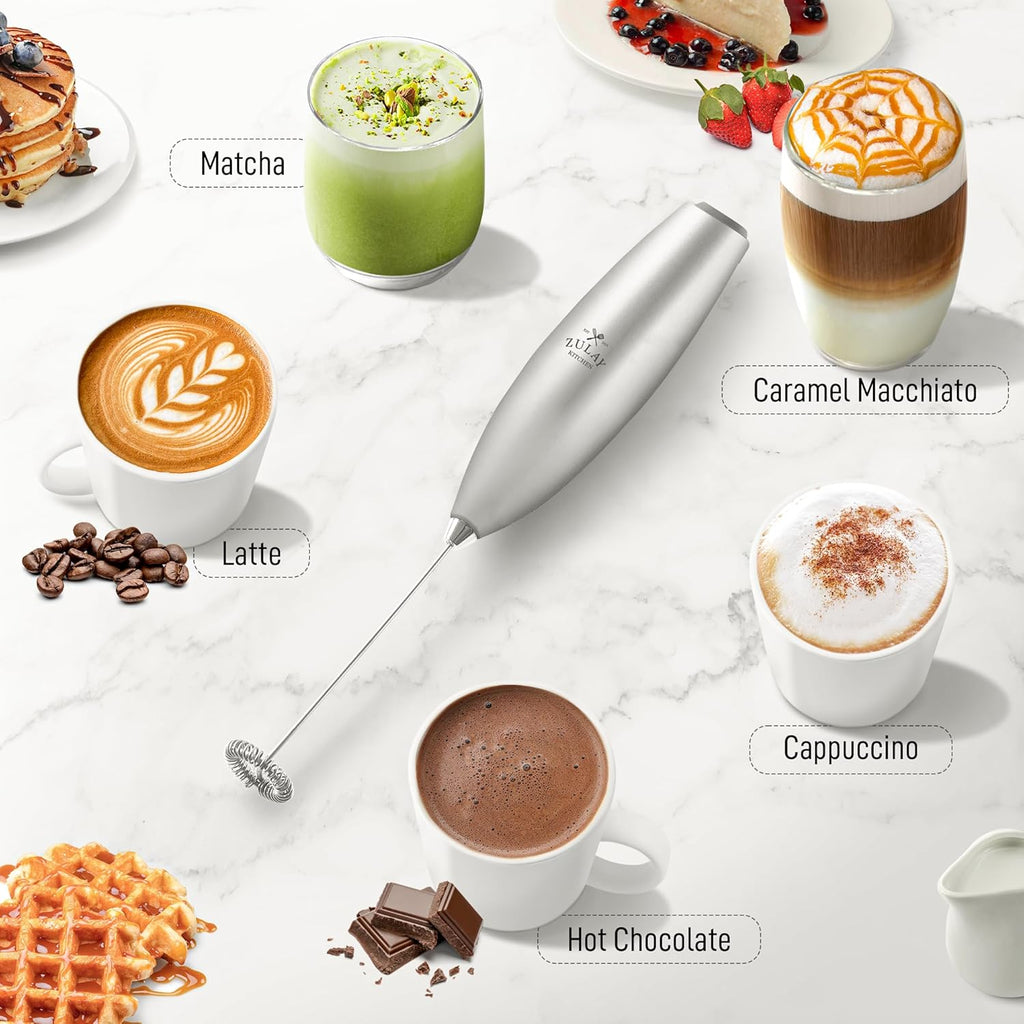 Zulay Kitchen Milk Frother Handheld Electric Whisk with AA Duracell Batteries – Durable Drink Mixer for Coffee, Lattes, Cappuccinos & More - Silver