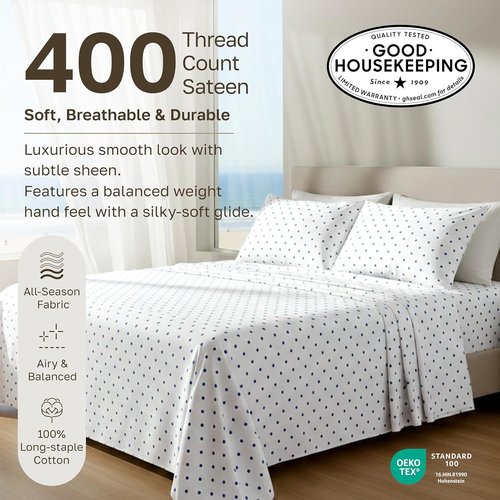 California Design Den King Sheet Set - 100% Soft Cotton, 400 TC, Award-Winning Sateen Finish, Deep Pockets - Polka Dot