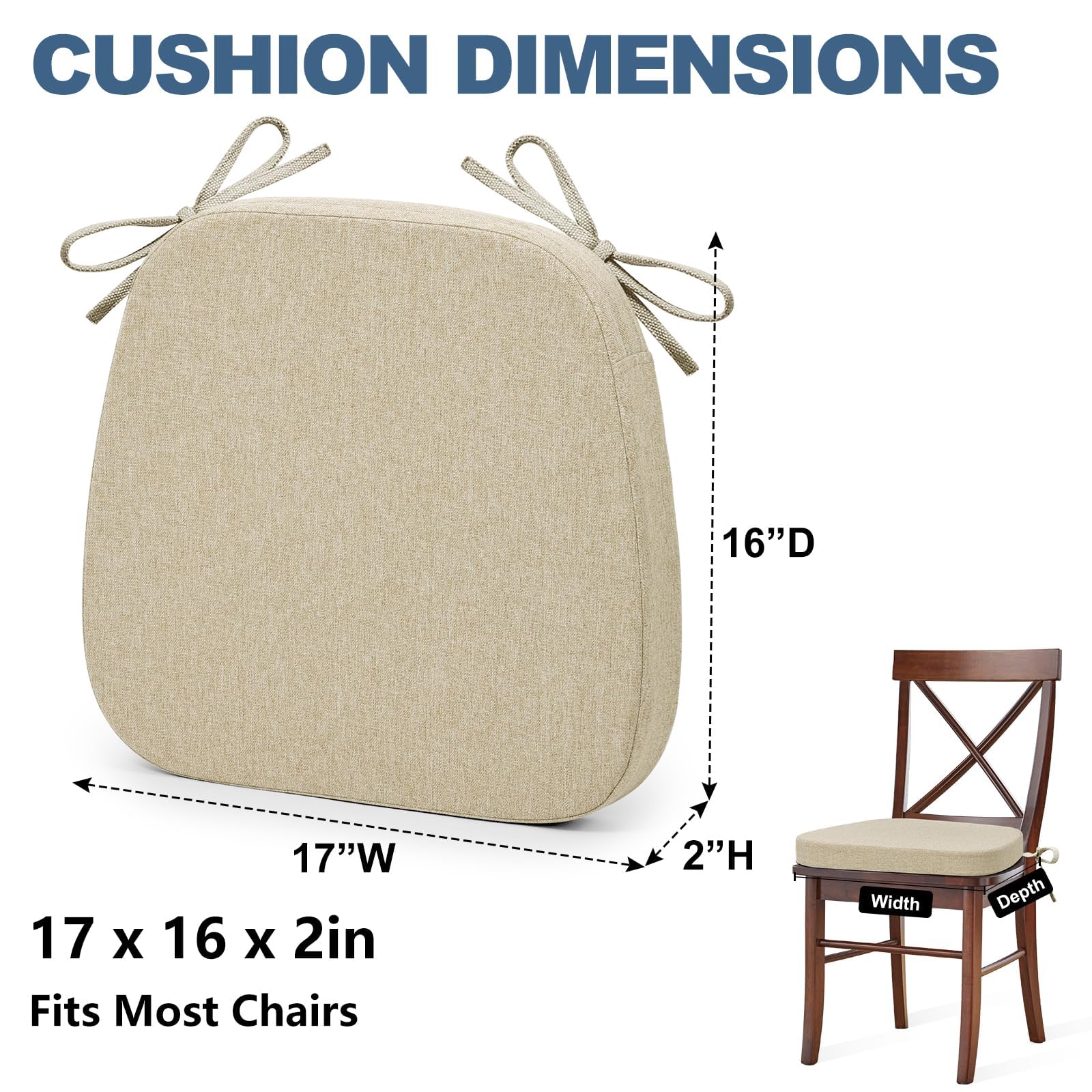 Shinnwa Kitchen Chair Cushions Set of 6, Non-Slip Dining Chair Cushions with Detachable Straps and Machine Washable Cover, 6 Pack, 17x16x2in, Beige