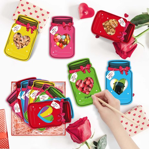 Labrostar 60Pcs Valentines Day Gifts for Kids Valentines Day Mason Jar Cards with Treat Bags for Valentines Exchange Cards Boys Girls Toddler School Classroom Activities Party Favors