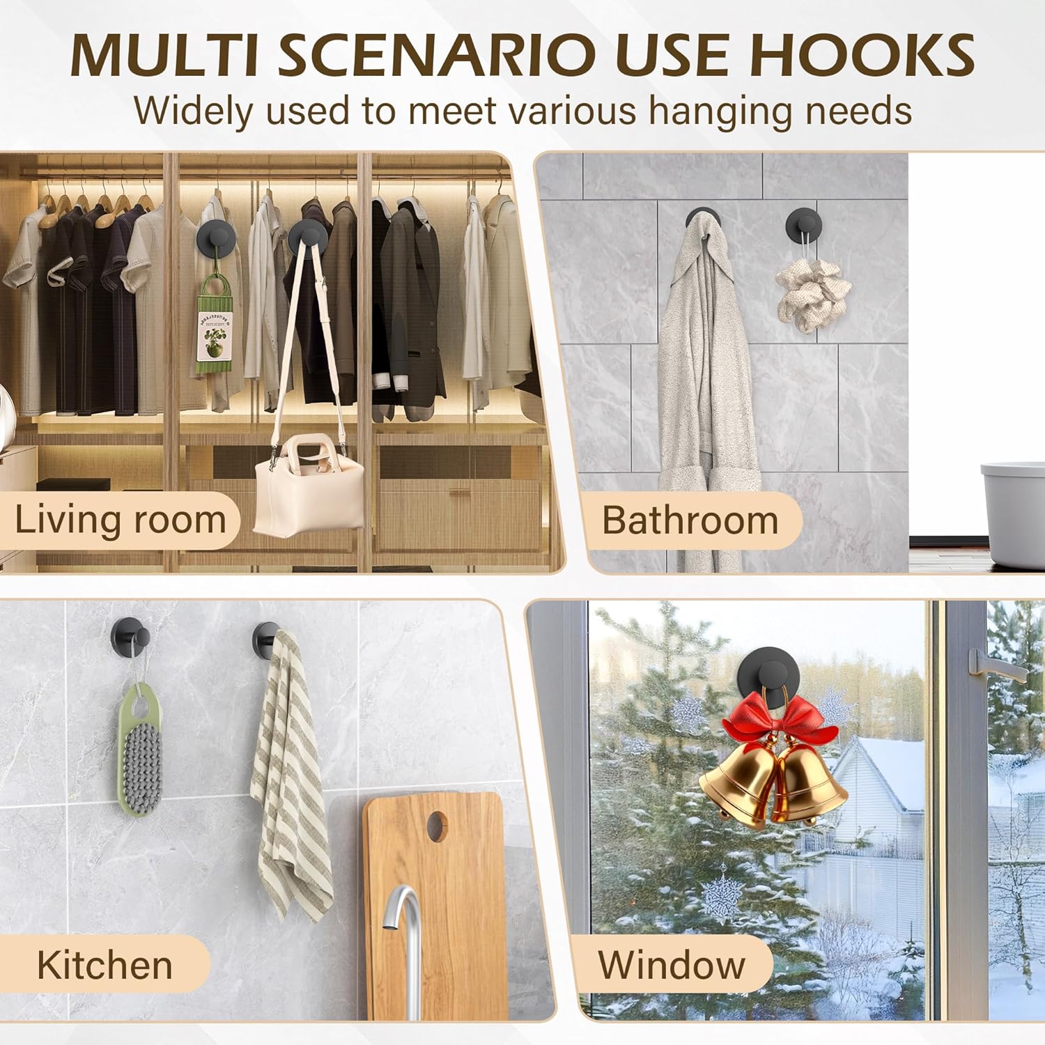 Ninth Five Heavy Duty Shower Suction Cup Hooks - Removable Bathroom Wall Hooks for Towels & Robes | 4 Pack, Black