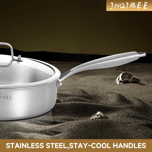 Inqibee Stainless Steel Saute Pan with Lid, 7 QT 12 Inch Tri-Ply Stainless Steel Deep Frying Pan, Large Skillet, Induction Compatible, All Cooktops, Oven & Dishwasher Safe