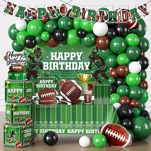 cocomigo 245 Pcs Football Birthday Party Decorations Birthday Banner, Balloons Arch, Plates and Napkins Set Tablecloth Backdrop for Football Party Decorations