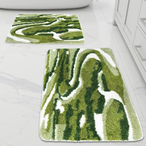 Homantic Bathroom Rugs Sets 2 Piece, Green Natural Scenery Bath Mat, Absorbent Bath Mats for Floor Set of 2, Green Bathroom Rug Set Bath Rug Moss Décor 18x26 + 20x32