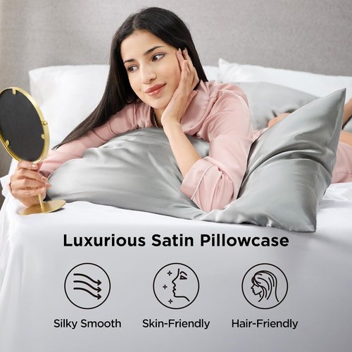 Bedsure Satin Pillowcase - Silky Silver Grey Queen Size 20x30 Inches | Set of 4 with Envelope Closure for Hair & Skin Care