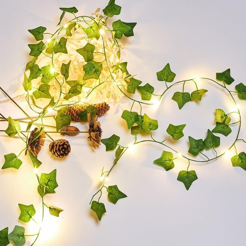 KASZOO 6.56 Ft Artificial Ivy Vines with 40 LED Fairy Lights - Battery Operated Decor for Bedroom & Garden