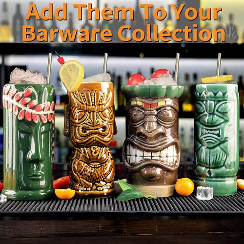 SuproBarware Tiki Mugs Set of 8 – Ceramic Hawaiian Party Drinkware, Tiki Bar Mugs for Cocktails, Premium Tropical Cups Drinks for Exotic Party