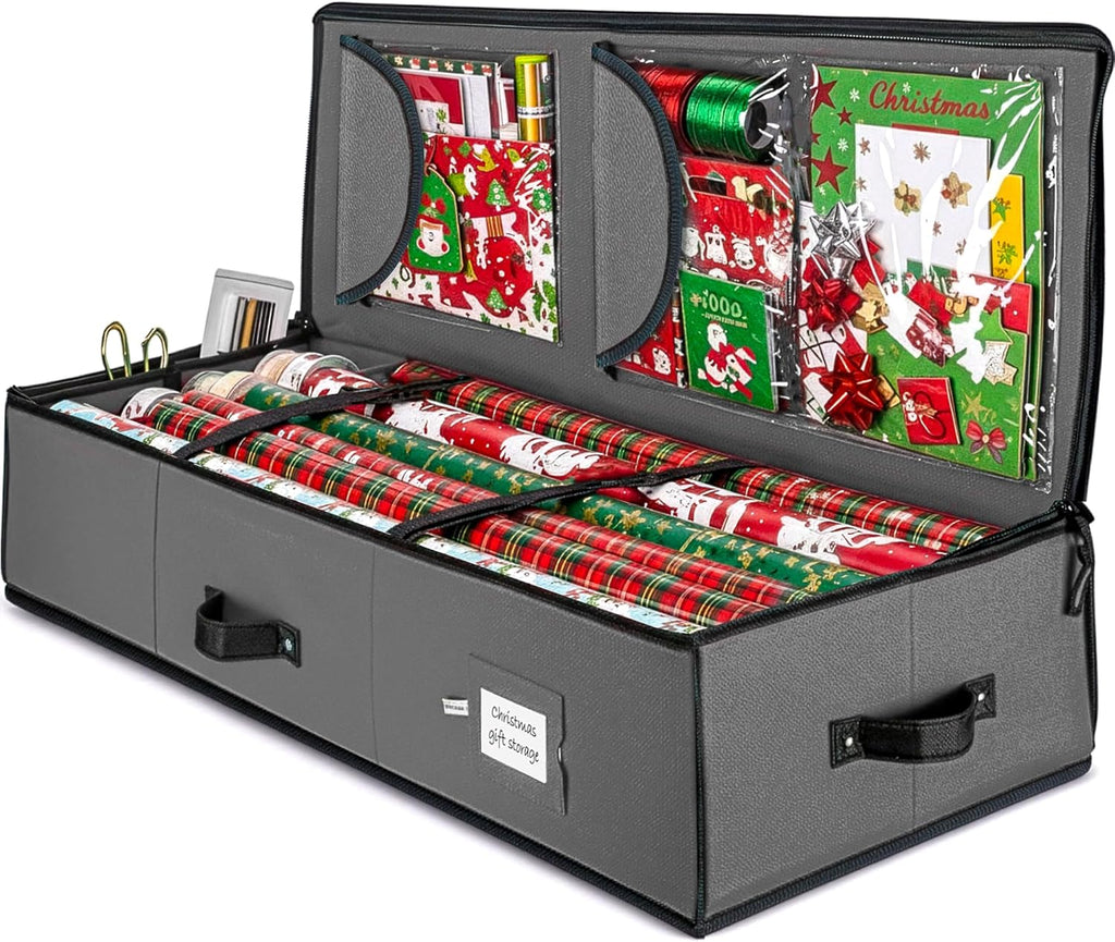 ZOBER Gift Wrapping Paper Organizer - 40" Storage for 24 Rolls with Pockets for Bows & Ribbons | Gray/Black 600D Oxford